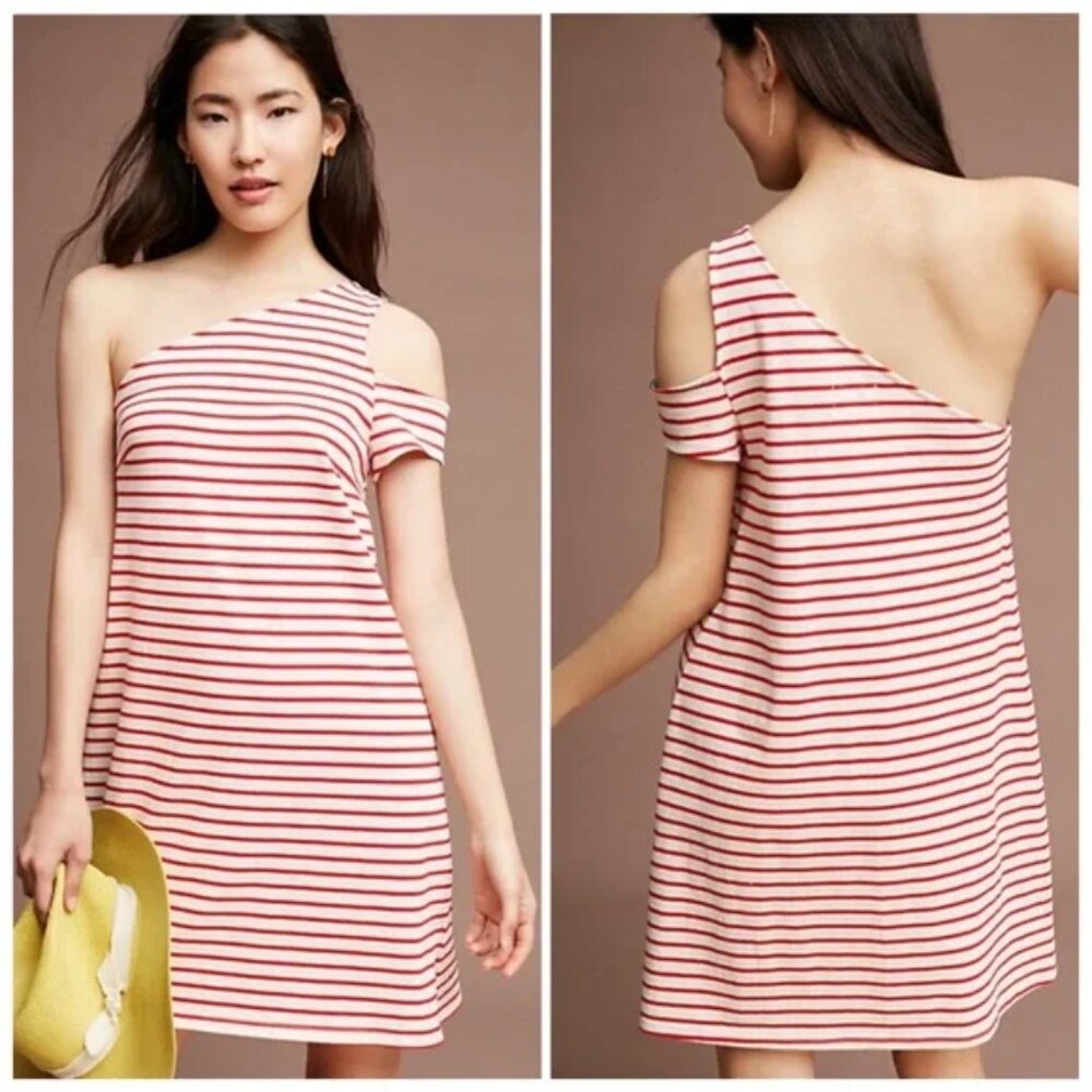 MAEVE M Maeve Marketa Red Stripe One Shoulder Dress Knit Cotton